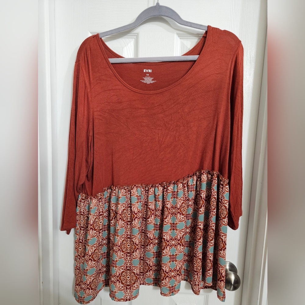 Evri Size 2X Copper Boho Print Mixed Fabric Empire Waist Top Blouse